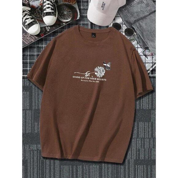 NWT ROMWE‎ Mens Skull & Floral Print Tee Size XL Color Brown - Picture 2 of 9